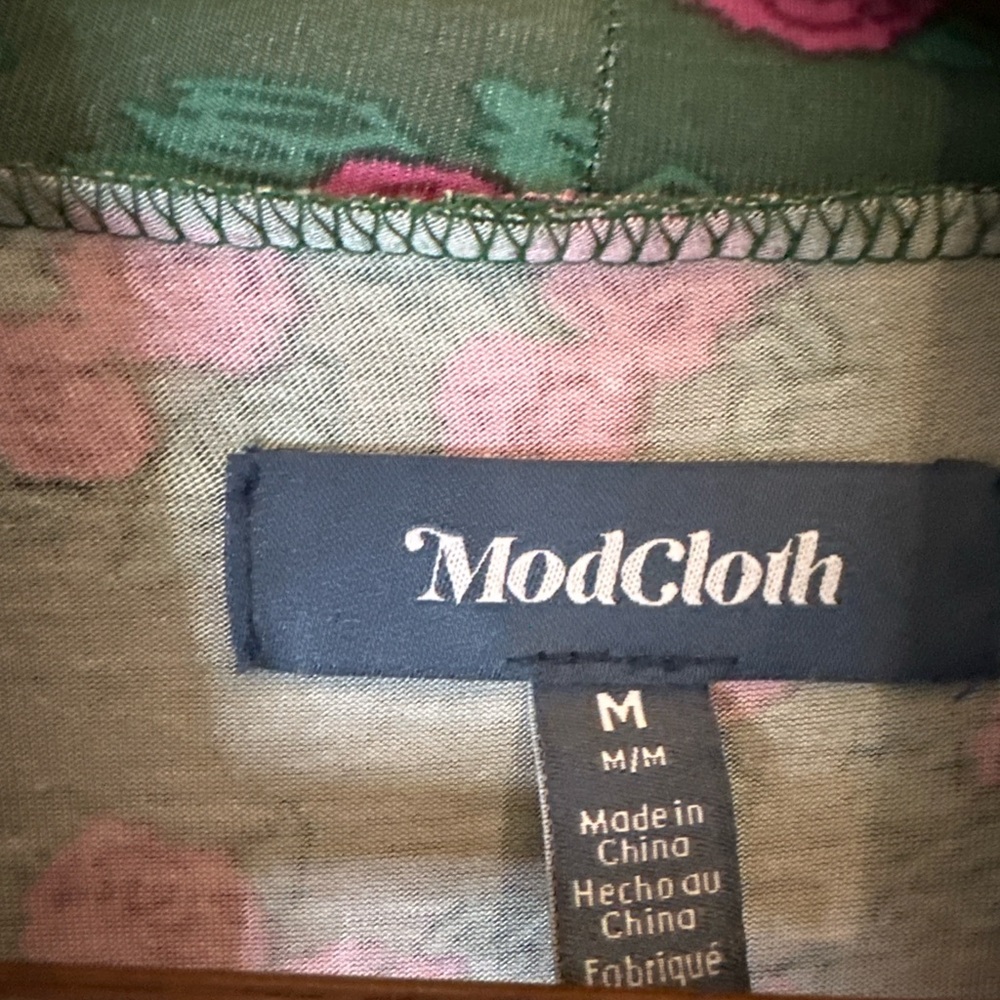 ModCloth Green Pink Rose Floral Mock Neck Dress Medium Long Sleeve Cottagecore - Picture 8 of 9